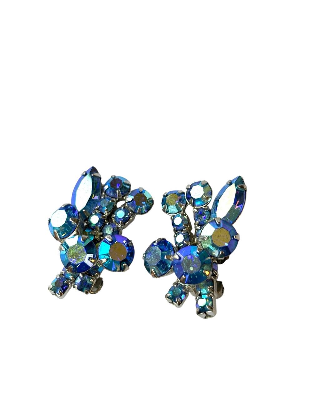 Vintage Blue Aurora Borealis Rhinestone Clip On Earrings Silver Tone Mid Century